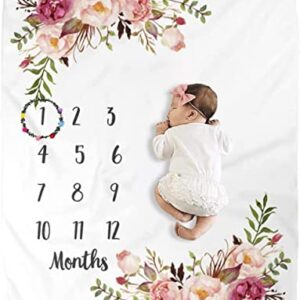 Baby Monthly Milestone Blanket for Boy Girl Soft Floral Memory Blanket Newborn Growth Chart Milestone Blanket Cute Photo Background Blanket with Wreath (51x40In)