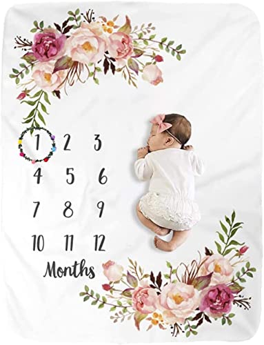 Baby Monthly Milestone Blanket for Boy Girl Soft Floral Memory Blanket Newborn Growth Chart Milestone Blanket Cute Photo Background Blanket with Wreath (51x40In)