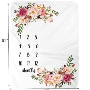 Baby Monthly Milestone Blanket for Boy Girl Soft Floral Memory Blanket Newborn Growth Chart Milestone Blanket Cute Photo Background Blanket with Wreath (51x40In)