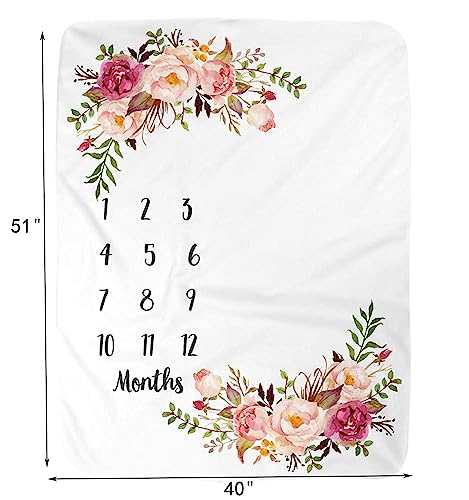 Baby Monthly Milestone Blanket for Boy Girl Soft Floral Memory Blanket Newborn Growth Chart Milestone Blanket Cute Photo Background Blanket with Wreath (51x40In)