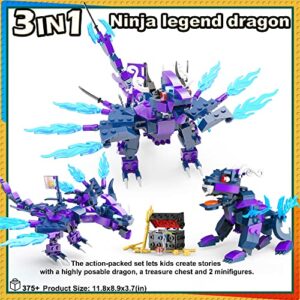 EDUCIRO 3in1 Legendary Dragon Building Toy Set for Kids Ages 6+ (375 Pieces), Featuring Fly Dragon - Kylin and 2 Battle Ninja Knights and a Treasure Chest