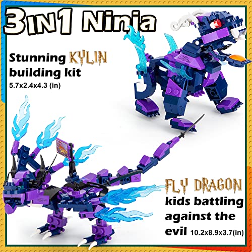 EDUCIRO 3in1 Legendary Dragon Building Toy Set for Kids Ages 6+ (375 Pieces), Featuring Fly Dragon - Kylin and 2 Battle Ninja Knights and a Treasure Chest