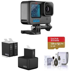 gopro hero11 black waterproof action camera sport power bundle with dual battery charger, 3x rechargeable li-ion batteries, 128gb microsd memory card, cleaning kit, 480p