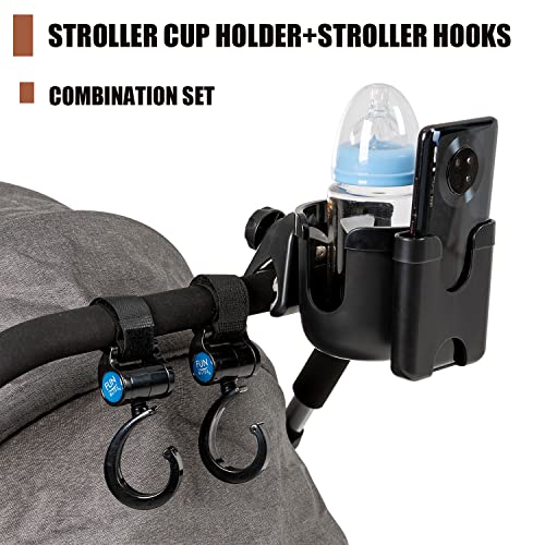 Funbliss Stroller Cup Holder with Phone Holder, Bike Cup Holder,Complimentary 2 Stroller Hooks,Cup Phone Holder for Stroller, Bike, Wheelchair, Walker, Scooter, Black