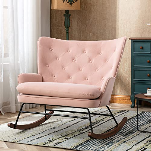 HomVent Velvet Nursery Rocking Chair Modern Upholstered Double Rocker Armchair with Tufted High Backrest Relax Rocking Loveseat Chair Accent Glider Rocker for Living Room, Bedroom, Baby Room, Pink