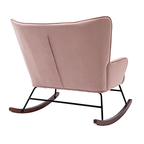 HomVent Velvet Nursery Rocking Chair Modern Upholstered Double Rocker Armchair with Tufted High Backrest Relax Rocking Loveseat Chair Accent Glider Rocker for Living Room, Bedroom, Baby Room, Pink