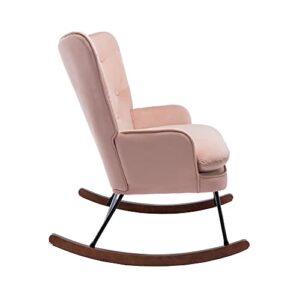 HomVent Velvet Nursery Rocking Chair Modern Upholstered Double Rocker Armchair with Tufted High Backrest Relax Rocking Loveseat Chair Accent Glider Rocker for Living Room, Bedroom, Baby Room, Pink