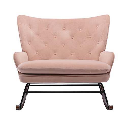 HomVent Velvet Nursery Rocking Chair Modern Upholstered Double Rocker Armchair with Tufted High Backrest Relax Rocking Loveseat Chair Accent Glider Rocker for Living Room, Bedroom, Baby Room, Pink