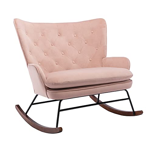 HomVent Velvet Nursery Rocking Chair Modern Upholstered Double Rocker Armchair with Tufted High Backrest Relax Rocking Loveseat Chair Accent Glider Rocker for Living Room, Bedroom, Baby Room, Pink