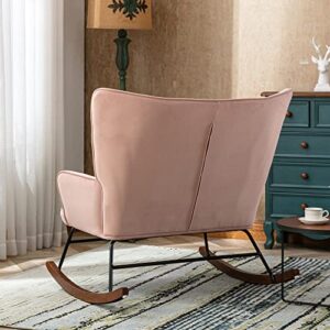 HomVent Velvet Nursery Rocking Chair Modern Upholstered Double Rocker Armchair with Tufted High Backrest Relax Rocking Loveseat Chair Accent Glider Rocker for Living Room, Bedroom, Baby Room, Pink