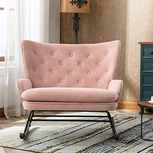 HomVent Velvet Nursery Rocking Chair Modern Upholstered Double Rocker Armchair with Tufted High Backrest Relax Rocking Loveseat Chair Accent Glider Rocker for Living Room, Bedroom, Baby Room, Pink