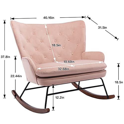 HomVent Velvet Nursery Rocking Chair Modern Upholstered Double Rocker Armchair with Tufted High Backrest Relax Rocking Loveseat Chair Accent Glider Rocker for Living Room, Bedroom, Baby Room, Pink