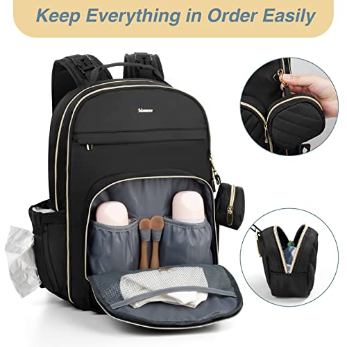 MOMUVO Diaper Bag Backpack, Quilted Baby Bag with Changing Pad & Stroller Straps & Pacifier Case, Large Travel Diaper Bags for Mom Dad, Black