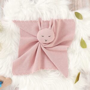 LAWKUL Baby Lovey Bunny Security Blanket Soft Cuddly Babe Blankie Knit Cotton Babies Comforter for Newborns Boy Girls Pink