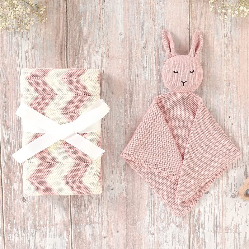 LAWKUL Baby Lovey Bunny Security Blanket Soft Cuddly Babe Blankie Knit Cotton Babies Comforter for Newborns Boy Girls Pink