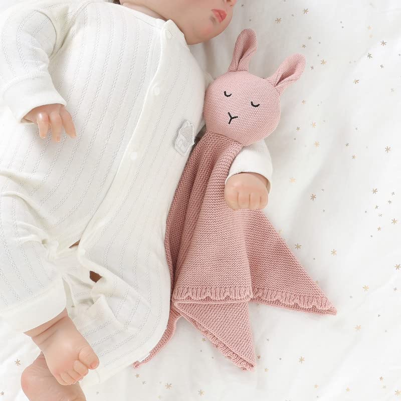 LAWKUL Baby Lovey Bunny Security Blanket Soft Cuddly Babe Blankie Knit Cotton Babies Comforter for Newborns Boy Girls Pink