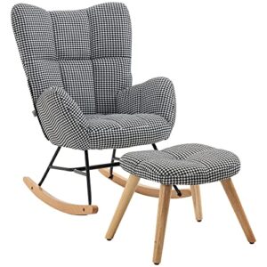 homcom glider rocker with ottoman set, houndstooth nursery rocking chair, upholstered wingback armchair for living room and bedroom