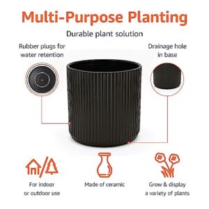 Amazon Basics Fluted Round Ceramic Planter, 8-Inch, Black