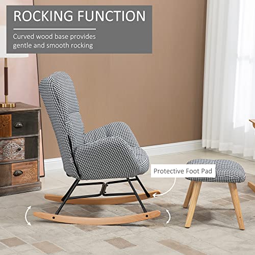 HOMCOM Glider Rocker with Ottoman Set, Houndstooth Nursery Rocking Chair, Upholstered Wingback Armchair for Living Room and Bedroom