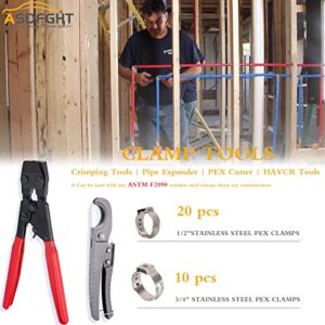 PEX Clamp Tool Ratcheting PEX Cinch Tool Pex Crimping Tool Meets ASTM 2098 and Will Work With Stainless Steel Clamps of sizes 3/8"~1" (with 20 PCS 1/2" + 10PCS 3/4" PEX Clamps & PEX Cutter)