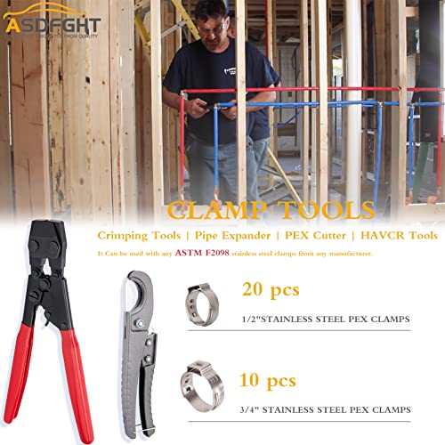 PEX Clamp Tool Ratcheting PEX Cinch Tool Pex Crimping Tool Meets ASTM 2098 and Will Work With Stainless Steel Clamps of sizes 3/8"~1" (with 20 PCS 1/2" + 10PCS 3/4" PEX Clamps & PEX Cutter)