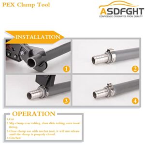 PEX Clamp Tool Ratcheting PEX Cinch Tool Pex Crimping Tool Meets ASTM 2098 and Will Work With Stainless Steel Clamps of sizes 3/8"~1" (with 20 PCS 1/2" + 10PCS 3/4" PEX Clamps & PEX Cutter)