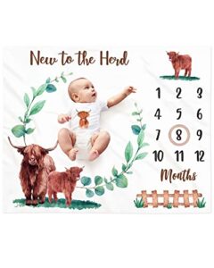 eunikroko highland cow baby monthly milestone blanket scotland photo prop blanket with greenery new to the herd cattle gift ideas for newborn boy girl nursery décor baby shower 40" x 50"