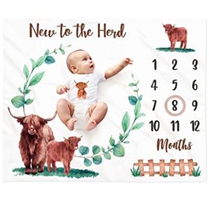 Eunikroko Highland Cow Baby Monthly Milestone Blanket Scotland Photo Prop Blanket with Greenery New to The Herd Cattle Gift Ideas for Newborn Boy Girl Nursery Décor Baby Shower 40" X 50"