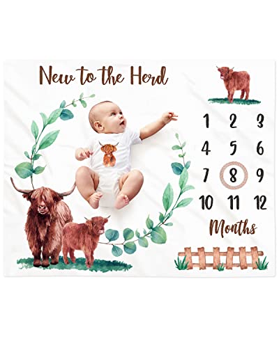 Eunikroko Highland Cow Baby Monthly Milestone Blanket Scotland Photo Prop Blanket with Greenery New to The Herd Cattle Gift Ideas for Newborn Boy Girl Nursery Décor Baby Shower 40" X 50"