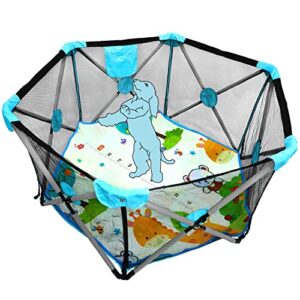 httmt- hexagon safety playpen portable foldable mesh playard infants baby toodler animals fence w/travel bag nursery furniture for indoor outdoor - dark blue