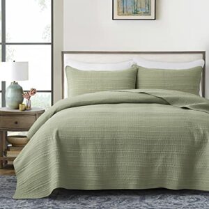 moonline quilt set full/queen size olive green 3 piece,lightweight soft microfibre modern stripe pattern reversible quilted bedspread&coverlet set for all season (includes 1 quilt and 2 pillow shams)