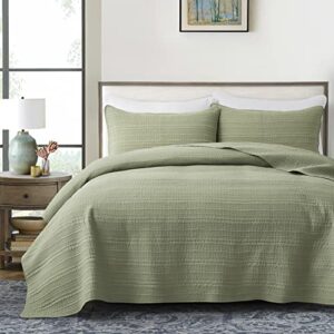 MOONLINE Quilt Set Full/Queen Size Olive Green 3 Piece,Lightweight Soft Microfibre Modern Stripe Pattern Reversible Quilted Bedspread&Coverlet Set for All Season (Includes 1 Quilt and 2 Pillow Shams)