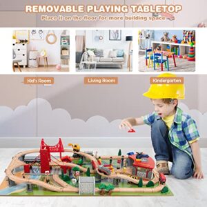 HONEY JOY Train Table, Wooden Kids Activity Table with Storage, 100 Multicolor Pieces, Tracks, Trains, Cars, Toddler Train Table Set with Reversible Tabletop, Gift for Boys Girls Age 3+, Natural