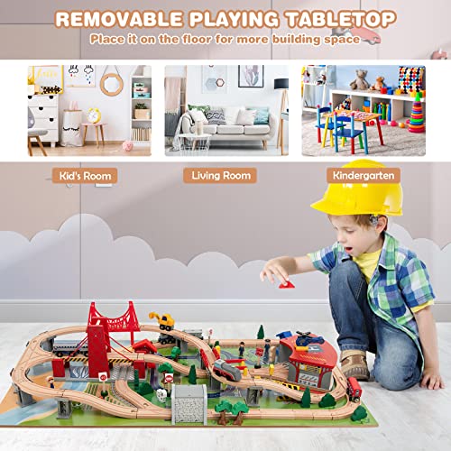 HONEY JOY Train Table, Wooden Kids Activity Table with Storage, 100 Multicolor Pieces, Tracks, Trains, Cars, Toddler Train Table Set with Reversible Tabletop, Gift for Boys Girls Age 3+, Natural