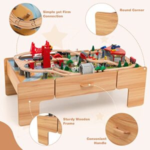 HONEY JOY Train Table, Wooden Kids Activity Table with Storage, 100 Multicolor Pieces, Tracks, Trains, Cars, Toddler Train Table Set with Reversible Tabletop, Gift for Boys Girls Age 3+, Natural