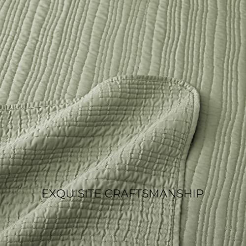 MOONLINE Quilt Set Full/Queen Size Olive Green 3 Piece,Lightweight Soft Microfibre Modern Stripe Pattern Reversible Quilted Bedspread&Coverlet Set for All Season (Includes 1 Quilt and 2 Pillow Shams)