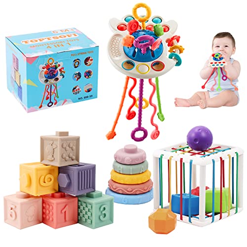 4 in 1 Baby Toys 6to12-18 Months, Pull String Baby Teething Toys, Stacking Building Blocks Infant Toys 3-6-9-12 M+, Color Shape Bin Sensory Toys, Montessori Toys for 1-3 Year Old Boy and Girl Gift