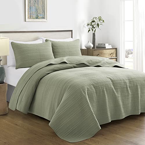 MOONLINE Quilt Set Full/Queen Size Olive Green 3 Piece,Lightweight Soft Microfibre Modern Stripe Pattern Reversible Quilted Bedspread&Coverlet Set for All Season (Includes 1 Quilt and 2 Pillow Shams)