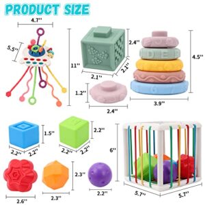 4 in 1 Baby Toys 6to12-18 Months, Pull String Baby Teething Toys, Stacking Building Blocks Infant Toys 3-6-9-12 M+, Color Shape Bin Sensory Toys, Montessori Toys for 1-3 Year Old Boy and Girl Gift