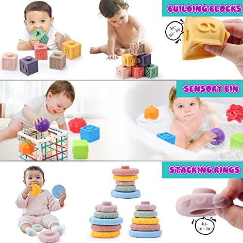 4 in 1 Baby Toys 6to12-18 Months, Pull String Baby Teething Toys, Stacking Building Blocks Infant Toys 3-6-9-12 M+, Color Shape Bin Sensory Toys, Montessori Toys for 1-3 Year Old Boy and Girl Gift