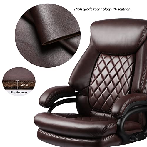 400lbs Big and Tall Office Chair Wide Spring Seat Executive Office Chair Back Support Home Office Desk Chair for Heavy People Computer PU Leather Chair with Heavy Duty Casters 360 Swivel Chair (Brown)