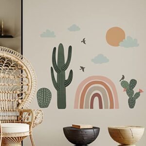 Yovkky Cactus Rainbow Wall Decals Stickers, Boho Cacti Botanical Sun Clouds Nursery Decor, Bohemian Tropical Green Plant Neutral Home Decorations Kids Toddler Classroom Bedroom Art