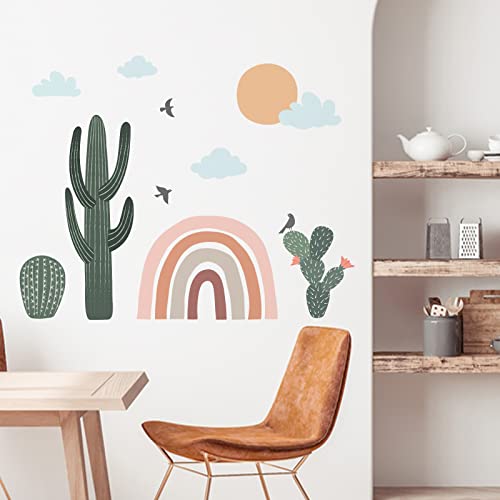 Yovkky Cactus Rainbow Wall Decals Stickers, Boho Cacti Botanical Sun Clouds Nursery Decor, Bohemian Tropical Green Plant Neutral Home Decorations Kids Toddler Classroom Bedroom Art