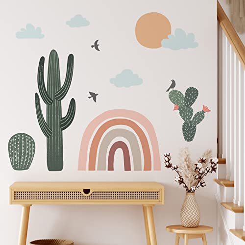 Yovkky Cactus Rainbow Wall Decals Stickers, Boho Cacti Botanical Sun Clouds Nursery Decor, Bohemian Tropical Green Plant Neutral Home Decorations Kids Toddler Classroom Bedroom Art