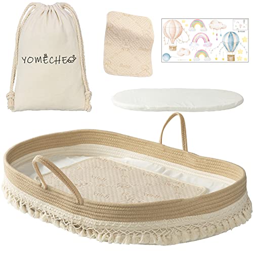 YOMECHEO Baby Changing Basket, Diaper Changing Basket for Baby, Boho Nursery Decor Changing Table Baskets for Dresser with Extra Foam Cushion, Waterproof Changing Mat, Storage Bag & Adorable Stickers