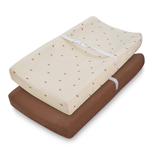 Muslin Changing Pad Cover for Baby Girls Boys, Cotton Natural Comfort Diaper Change Table Pad Covers, Ultra Soft Breathable Boho Changing Pad Sheets, 2Pack (Sunshine & Brown)