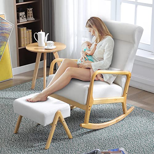 HOMREST Glider Chair with Ottoman,High Backrest for Nursery, Upholstered Fabric Indoor Rocking Armchair with Lumbar Pillow for Living Baby Room(White)