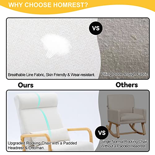 HOMREST Glider Chair with Ottoman,High Backrest for Nursery, Upholstered Fabric Indoor Rocking Armchair with Lumbar Pillow for Living Baby Room(White)