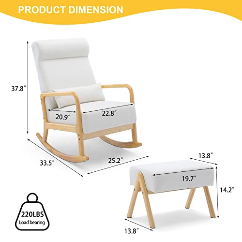 HOMREST Glider Chair with Ottoman,High Backrest for Nursery, Upholstered Fabric Indoor Rocking Armchair with Lumbar Pillow for Living Baby Room(White)