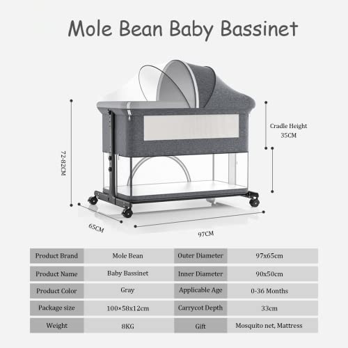 Baby Bassinet Bedside Sleeper, 3 in 1 Bedside Crib with Storage Basket, Easy to Assemble Baby Cradle, with Wheels, Adjustable Height, Mattress, Mosquito Nets